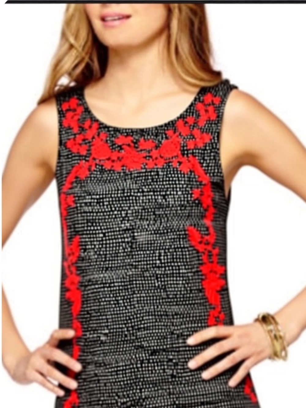 THML M (Anthropologie) Black W/beige Spots Tank Top Orange Embroidered Flowers